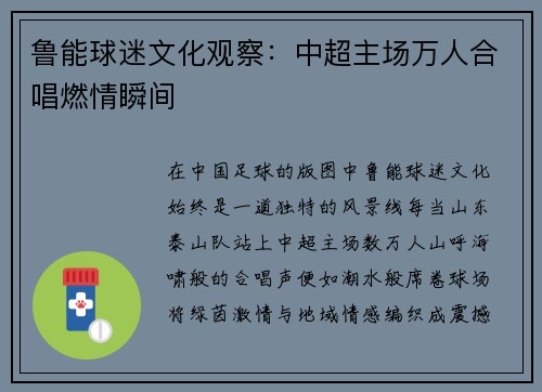 鲁能球迷文化观察：中超主场万人合唱燃情瞬间