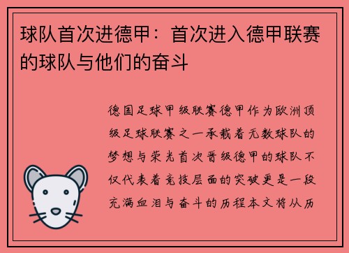 球队首次进德甲：首次进入德甲联赛的球队与他们的奋斗