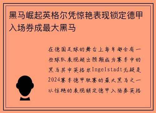 黑马崛起英格尔凭惊艳表现锁定德甲入场券成最大黑马